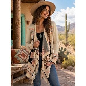 Pink Owl Poncho Sweater Womens M Southwest Aztec Boho Cardigan Fringe